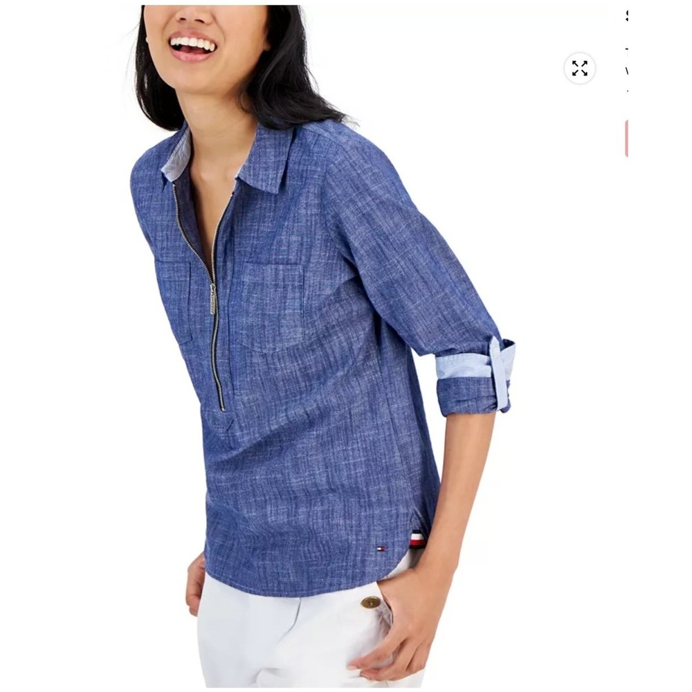 Tommy Hilfiger Women's Size XS Half-Zip Roll-Tab Shirt Chambray Blue 100% Cotton